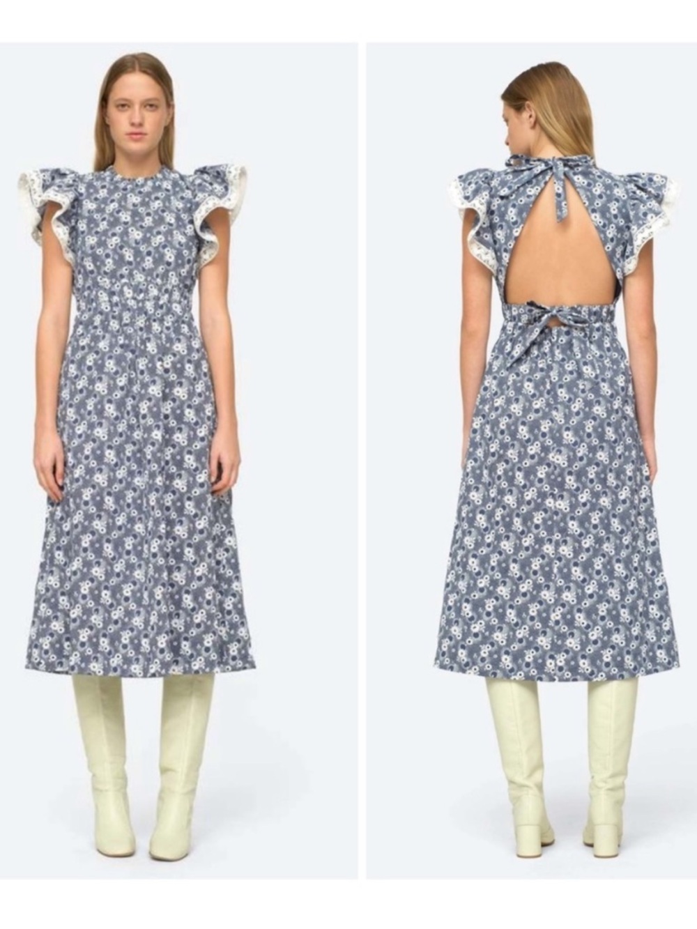 SEA New York Josefine Flutter Sleeve Midi Dress In Blueberry Size 10 / Medium